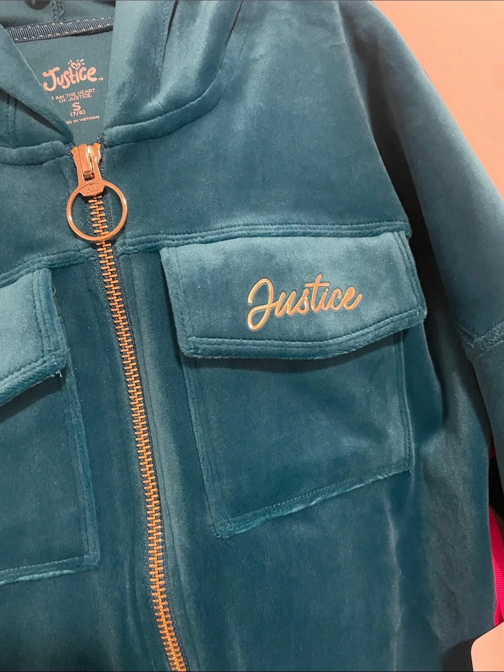 Justice Teal Velour Zip Front Hoodie Jacket